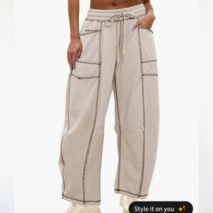 Wide Leg Drawstring Cargo Pants - Cream with Contrast Stitching